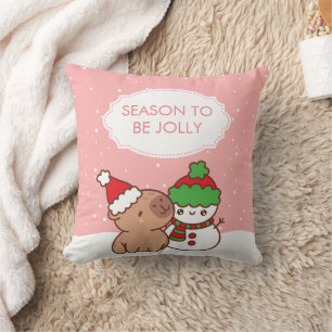 Cute Capybara & Snowman Throw Pillow