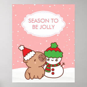 Cute Capybara & Snowman Winter Poster