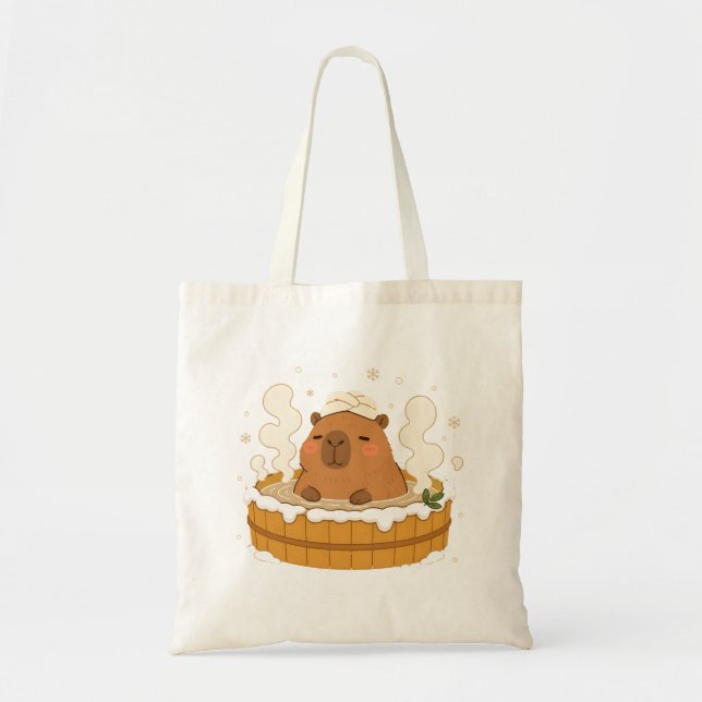 Cute Capybara Winter Onsen Snow Hot Spring Tote Bag (Front)