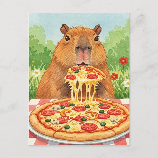 Cute Capybara with Pizza Postcard (Front)