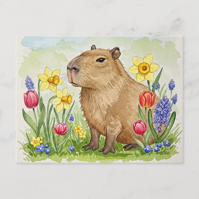 Cute Capybara with Spring Flowers Postcard (Front)