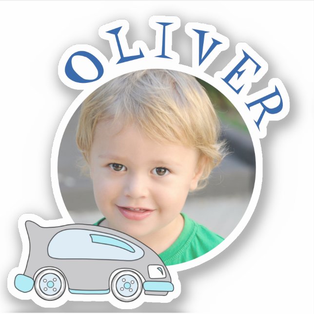 Cute Car Blue Round Frame Name and Photo Kids (Front)