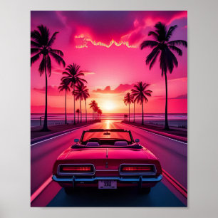 Cute Car Palm trees Beach Summer Pink View Poster