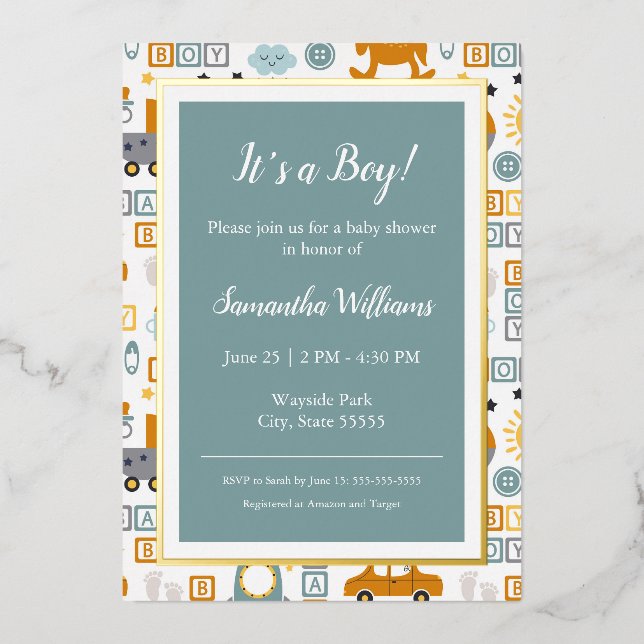 Cute Car Toy Pattern Boy Teal Baby Shower Gold (Front)