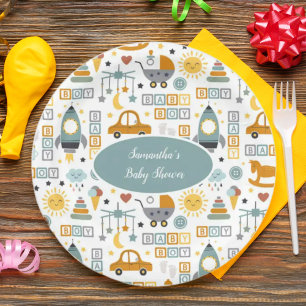 Cute Car Toy Pattern Boy Teal Baby Shower Paper Plate