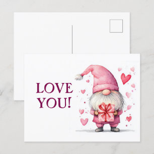 cute card with a cartoon pink gnome in love