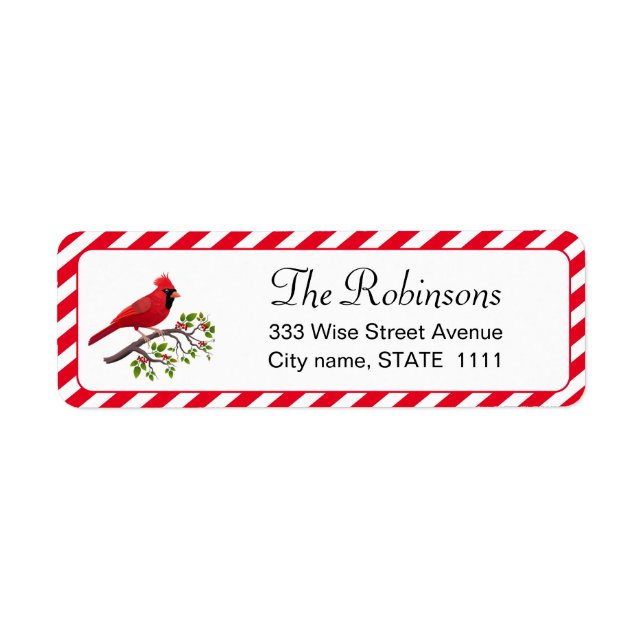 Cute Cardinal with Holly Leaves on White Label (Front)