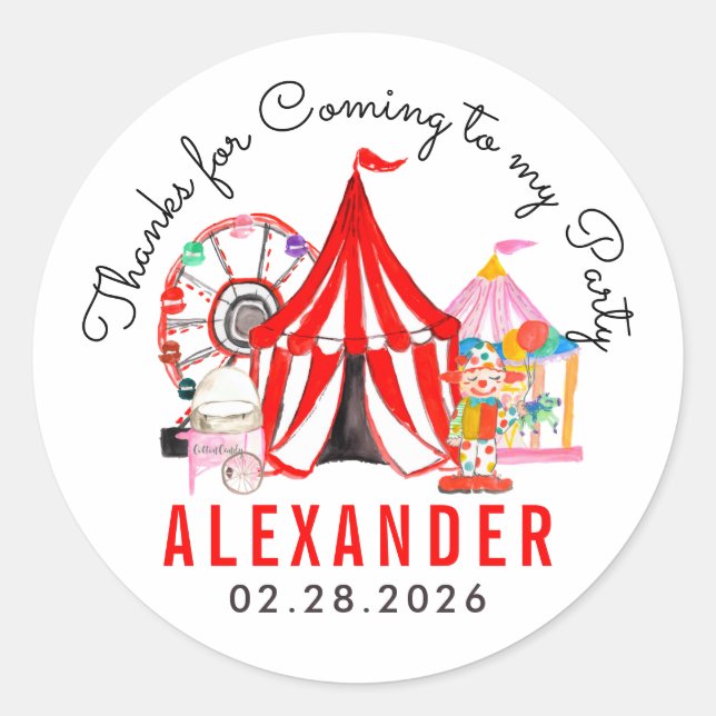 Cute Carnival Circus Show Kid Thank You Birthday Classic Round Sticker (Front)