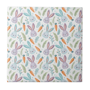Cute Carrot & Fluffy Bunny Pastel Spring Pattern Tile
