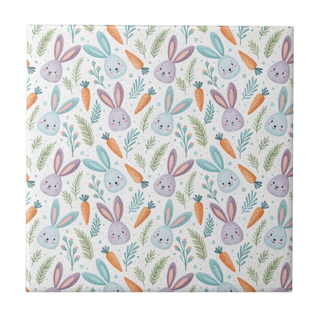 Cute Carrot & Fluffy Bunny Pastel Spring Pattern Tile (Front)