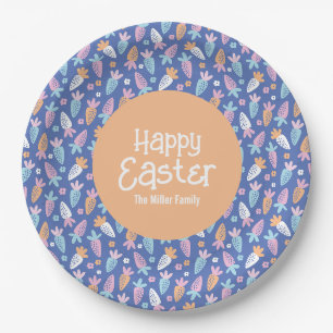 Cute carrots with happy easter text and name paper plate