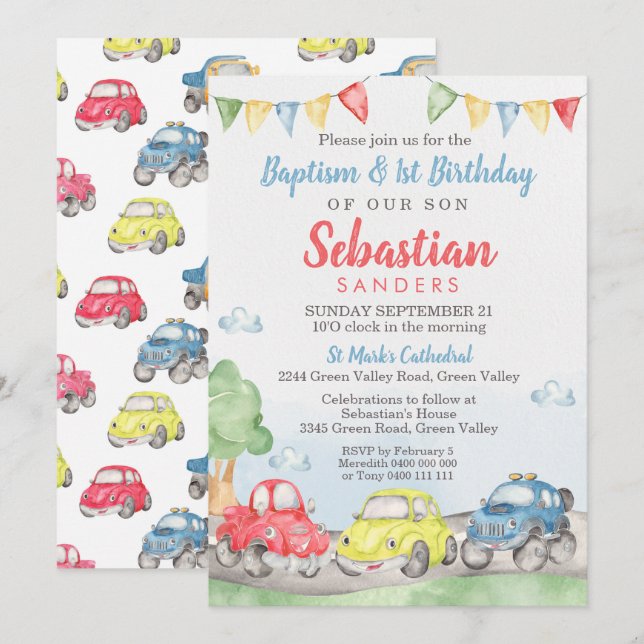 Cute Cars Baptism 1er Anniversaire Invitation (Devant / Derrière)