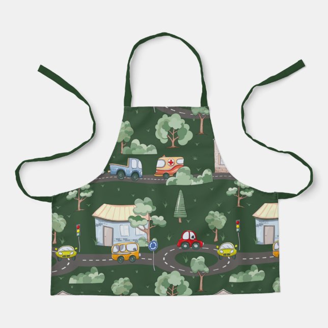 Cute Cars in Town Pattern for Little Boys Green Apron (Front)