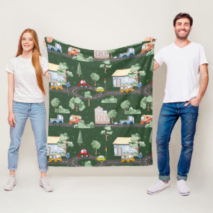 Cute Cars in Town Pattern for Little Boys Green Fleece Blanket