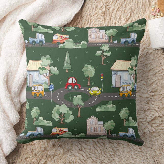 Cute Cars in Town Pattern for Little Boys Green Throw Pillow (Blanket)