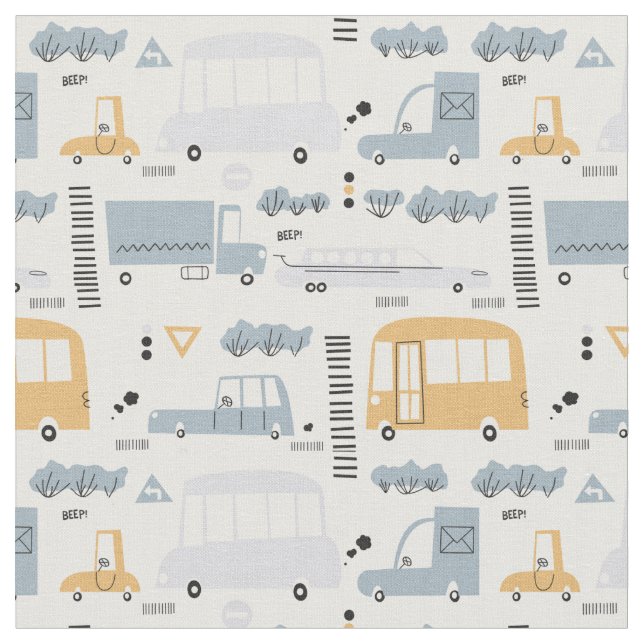 Cute Cars in Traffic Pattern Fabric (Close Up)