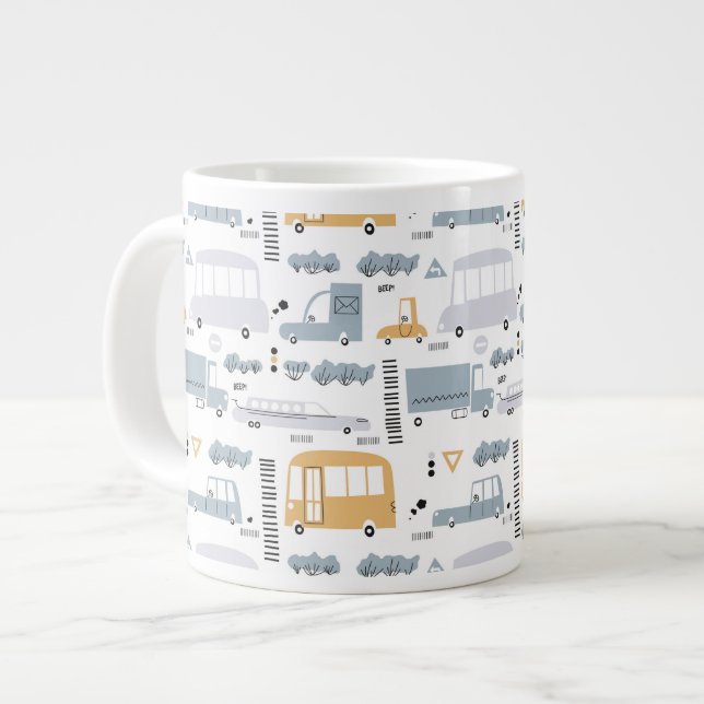 Cute Cars in Traffic Pattern Large Coffee Mug (Front Left)