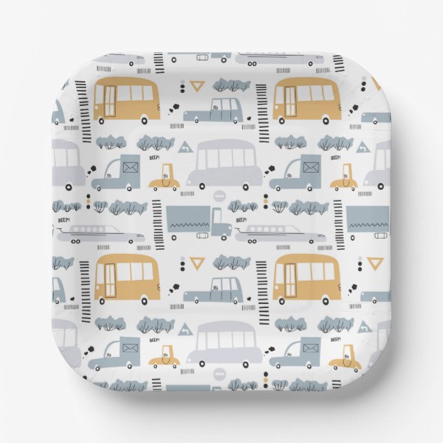 Cute Cars in Traffic Pattern Paper Plate (Front)