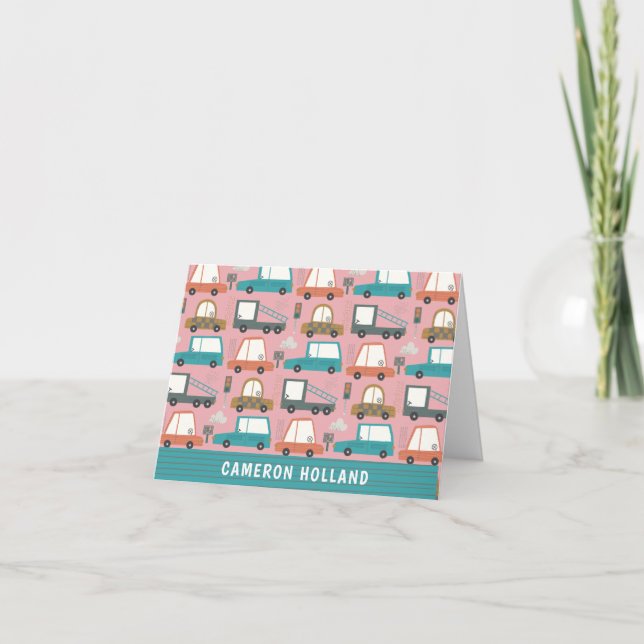 Cute Cars Trucks Pink Personalized Stationery Note Card (Front)
