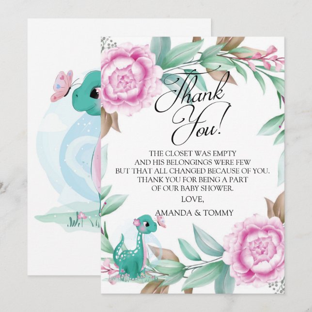 Cute Carte de remerciements Dinosaur Rose (Devant / Derrière)