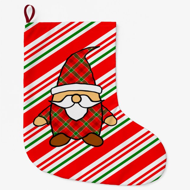 Cute Carton Gnome Drawing Red Green Christmas  Lar Large Christmas Stocking (Front)