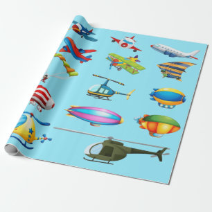 Cute Cartoon Airplanes Pattern Blue Birthday Wrapping Paper