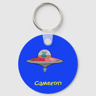 Cute Cartoon Alien In Ufo Personalized Name Gift Keychain