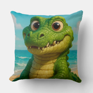Cute Cartoon Alligator Smiling on a Tropical Beach Throw Pillow