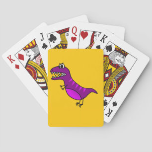 Cute cartoon angry purple dinosaur playing cards