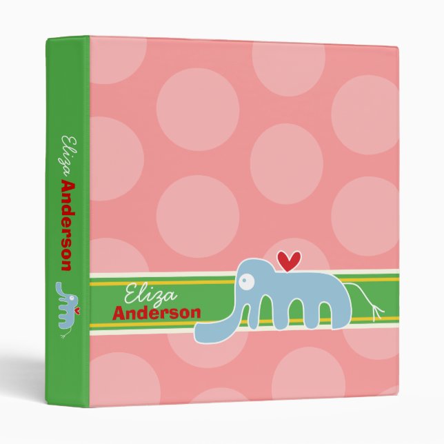 Cute Cartoon Animal Blue Elephant Fun Dots Kids Binder (Front/Spine)