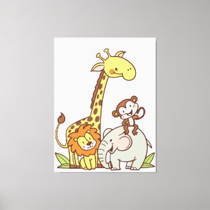 Cute Cartoon Animals – Giraffe, Lion & Monkey Canvas Print
