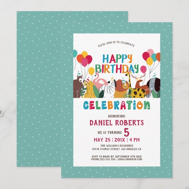 Cute cartoon animals kids Happy Birthday party Invitation (Front/Back)