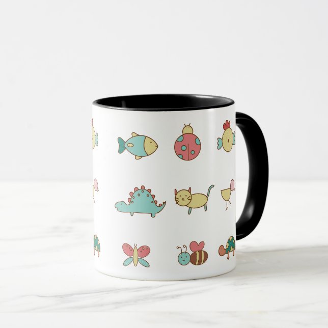 Cute Cartoon Animals Pattern Mug – Black Rim & Han (Front Right)