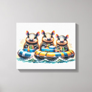 Cute Cartoon Armadillos Having Fun Tubing On River Canvas Print