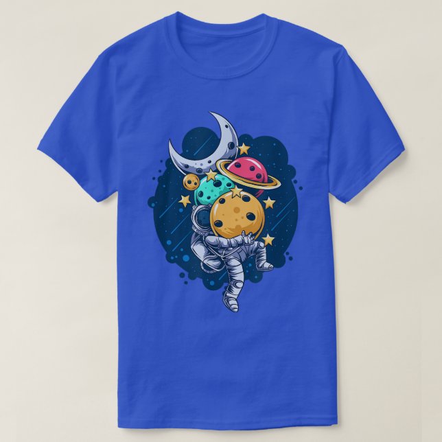 Cute Cartoon Astronaut Carry Many Planets Outer Sp T-Shirt (Design Front)
