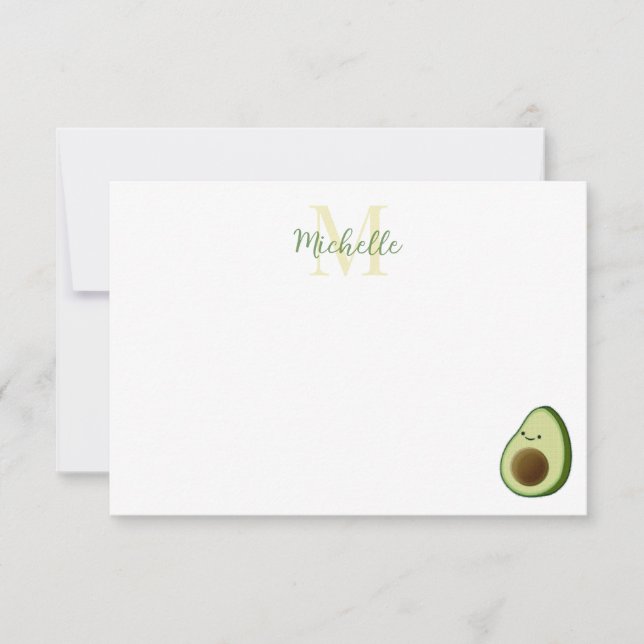 Cute Cartoon Avocado Custom Monogram Card (Front)