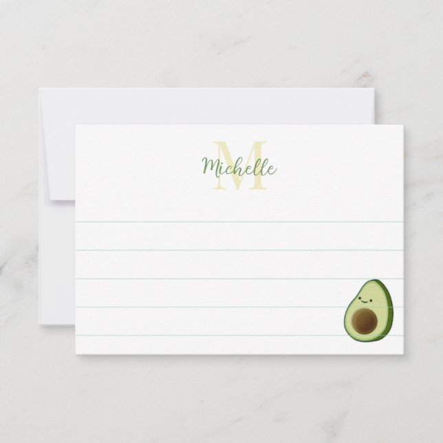 Cute Cartoon Avocado Custom Monogram Lined Card (Front)