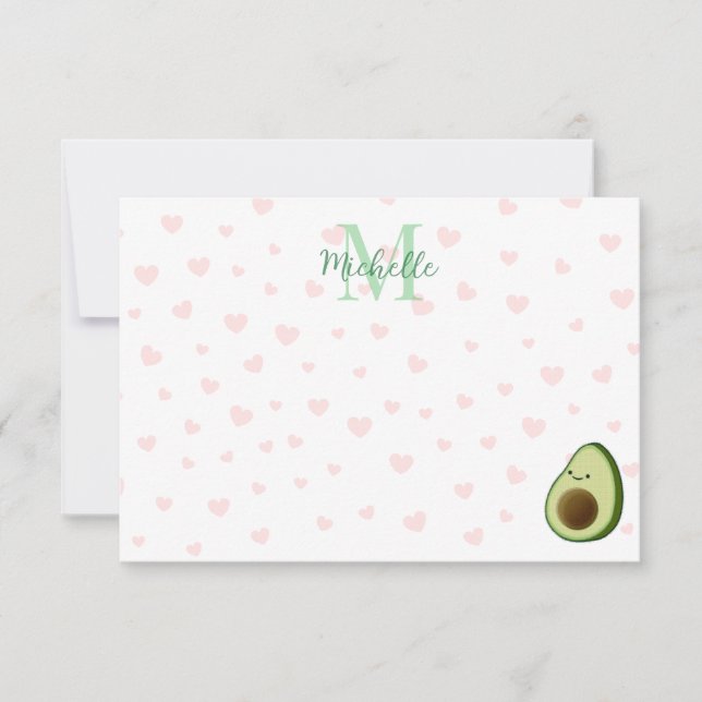 Cute Cartoon Avocado Personalized Monogram Card (Front)