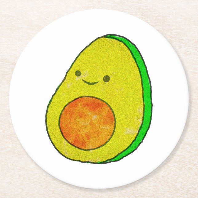 Cute Cartoon Avocado Watercolor Round Paper Coaster (Front)