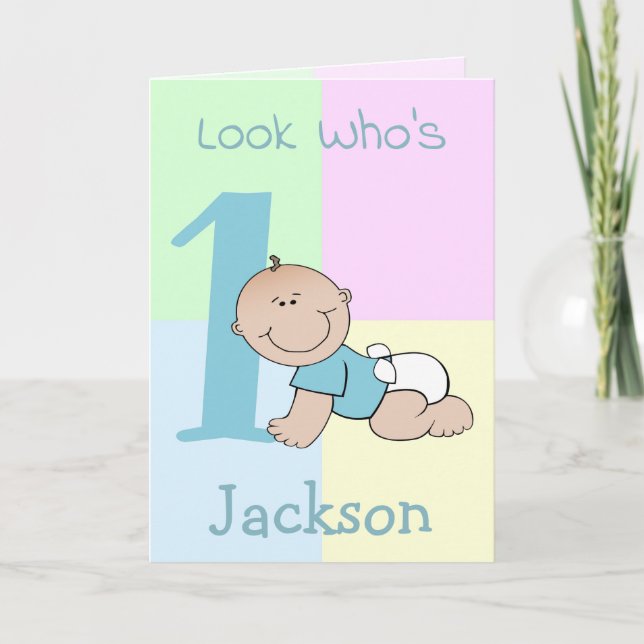 Cute Cartoon Baby Boy 1st Birthday Card (Front)