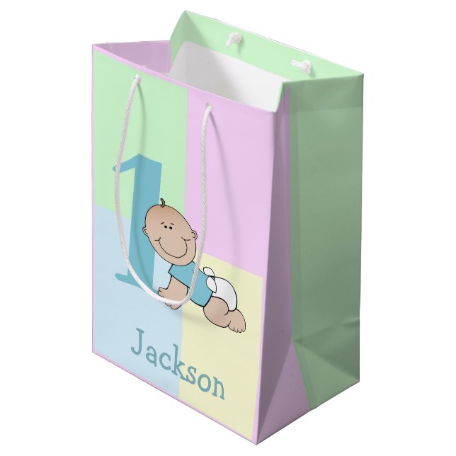 Cute Cartoon Baby Boy 1st Birthday Medium Gift Bag (Front Angled)