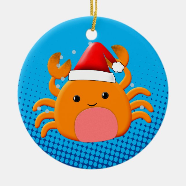 Cute Cartoon Baby Crab Santas Hat Ceramic Ornament (Front)