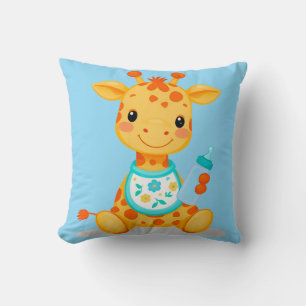 Cute Cartoon Baby Giraffe Holding a Bottle Throw Pillow