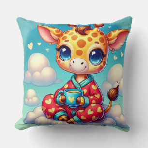 Cute Cartoon Baby Giraffe Relaxing on Cloud Throw Pillow