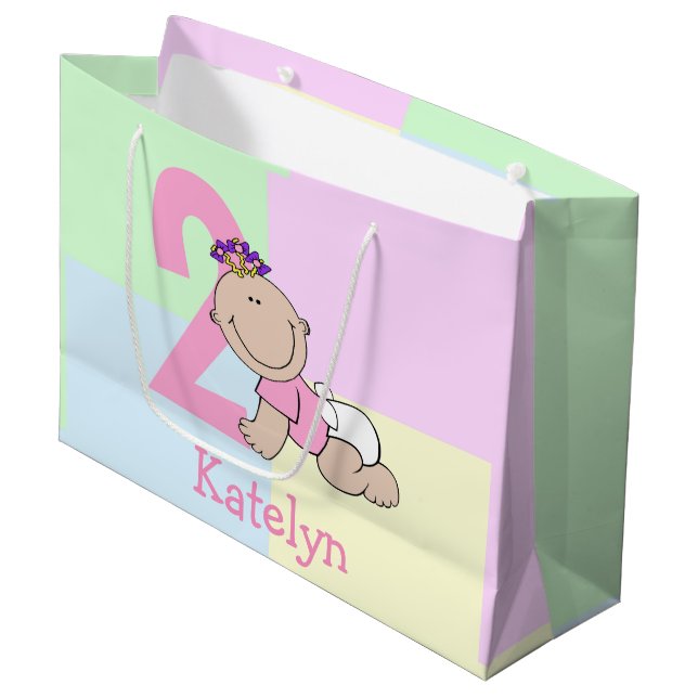 Cute Cartoon Baby Girl 2nd Birthday Large Gift Bag (Front Angled)