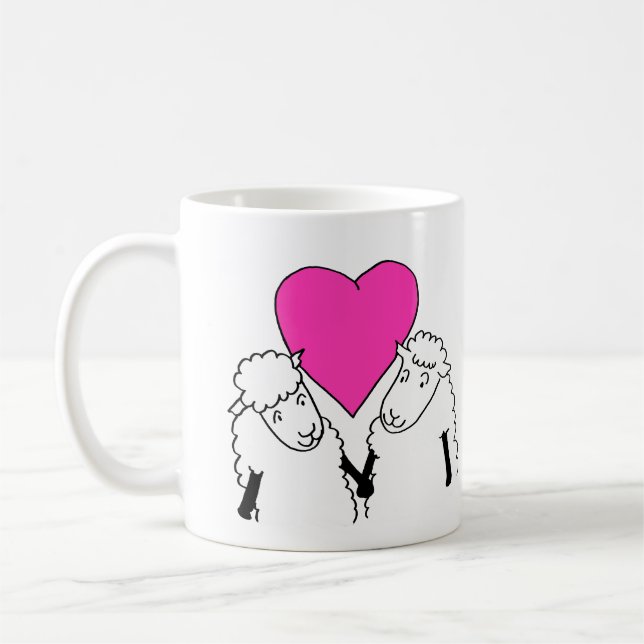 Cute Cartoon Baby Lambs Pink Heart Coffee Mug (Left)
