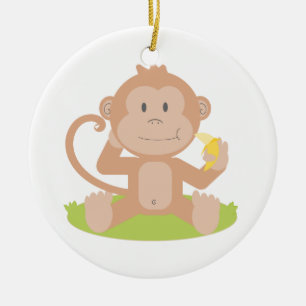 Cute Cartoon Baby Monkey Sitting and Eating Banana Ceramic Ornament