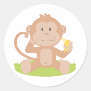 Cute Cartoon Baby Monkey Sitting and Eating Banana Classic Round Sticker
