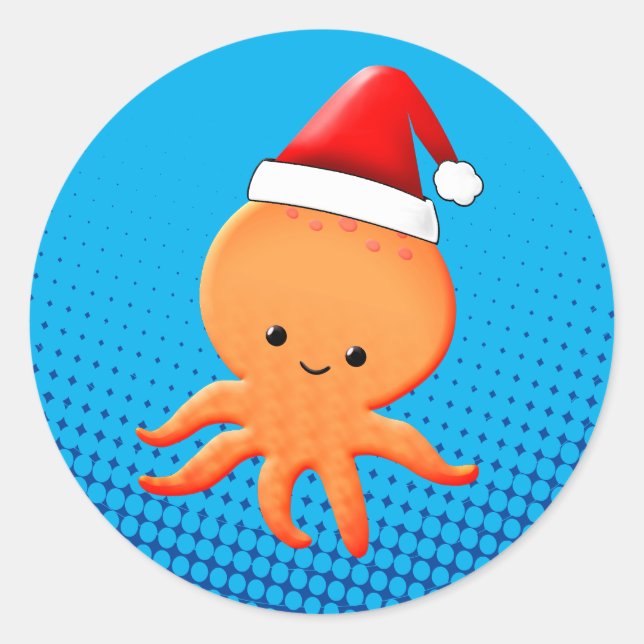 Cute Cartoon Baby Octopus Santas Classic Round Sticker (Front)