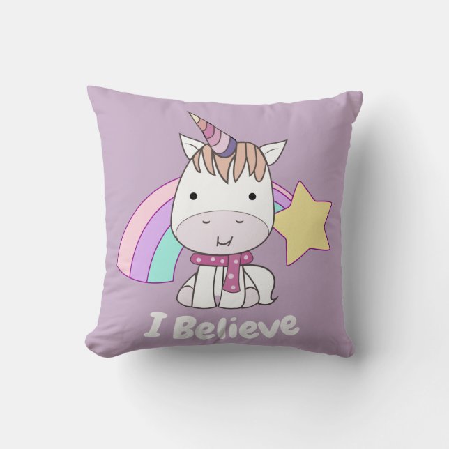 Cute Cartoon Baby Unicorn and Rainbow Purple Throw Pillow (Front)